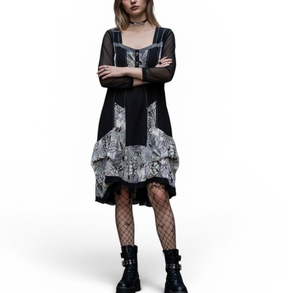 C'Fait Pour Vous Paris Gothic Boho Mesh Dress Leaf Print Corset Back Black SZ 3